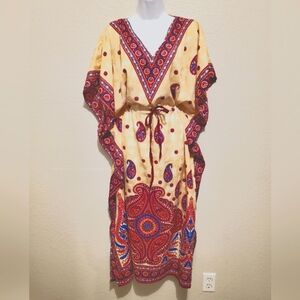 Royal Paisley Bohemian Caftan Maxi Dress Drawstring Waist Kimono Sleeve One Size